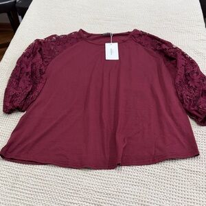 Women’s plus size BloomChic Elegant Burgundy Lace Sleeve Top